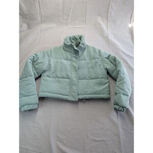 Coquette Y2K Sage Corduroy Cropped Puffer Jacket Size L Pastel Winter Coat